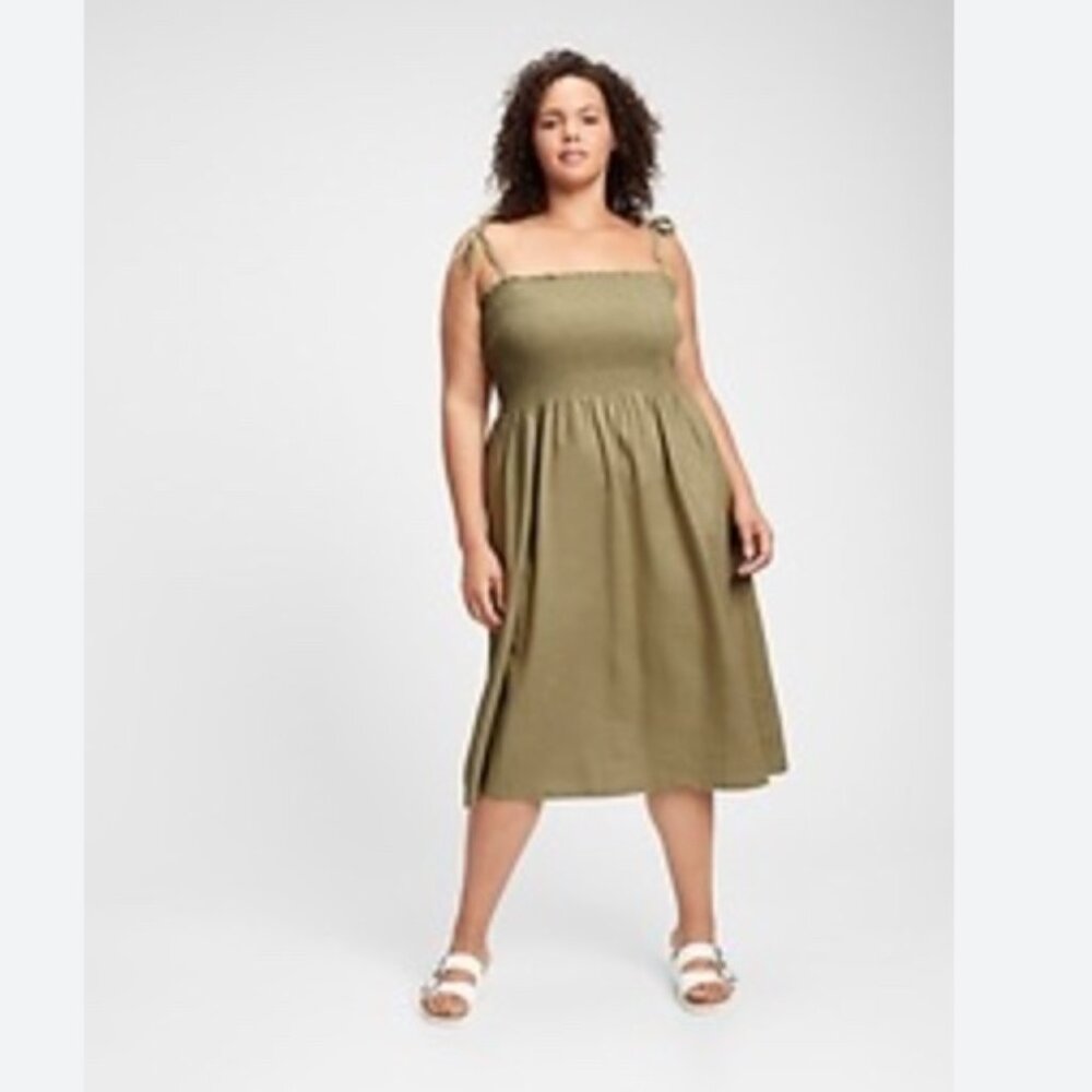 GAP Shoulder Tie Smocked Midi Dress in Olive Moss Green